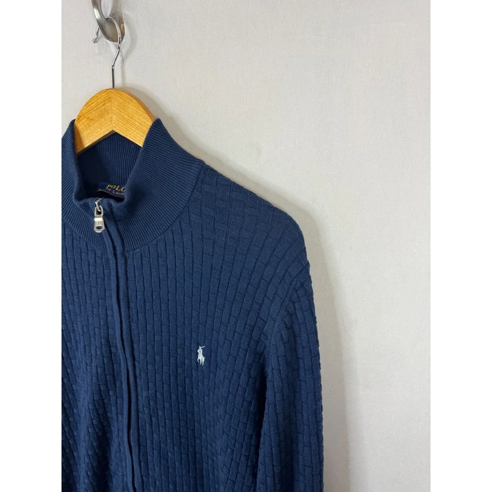 Polo Ralph Lauren Mens XL Navy Blue Full Zip Cotton Basket Weave Knit Sweater